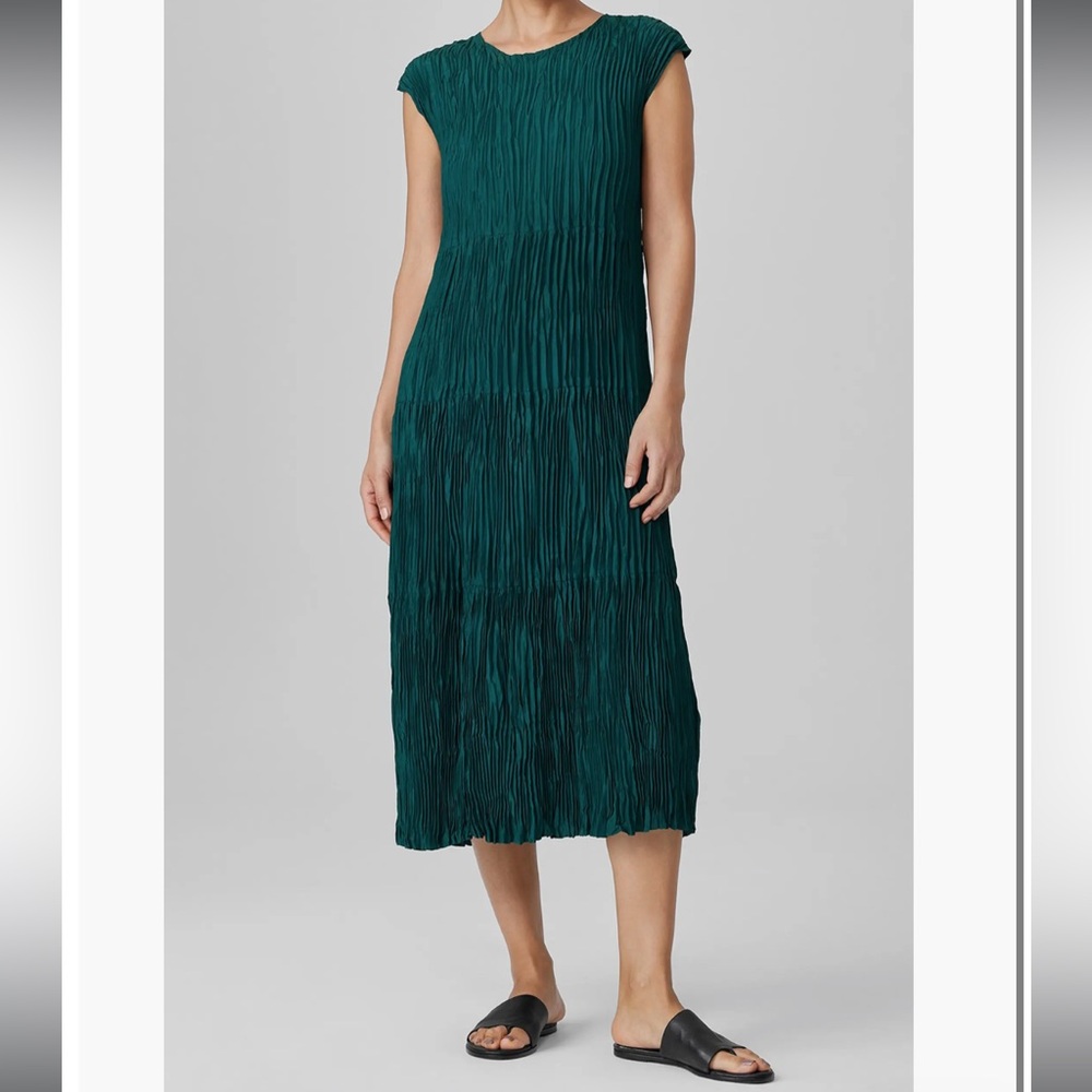 Emerald Green Pleated Tiered Eileen Fisher Silk Midi Dress